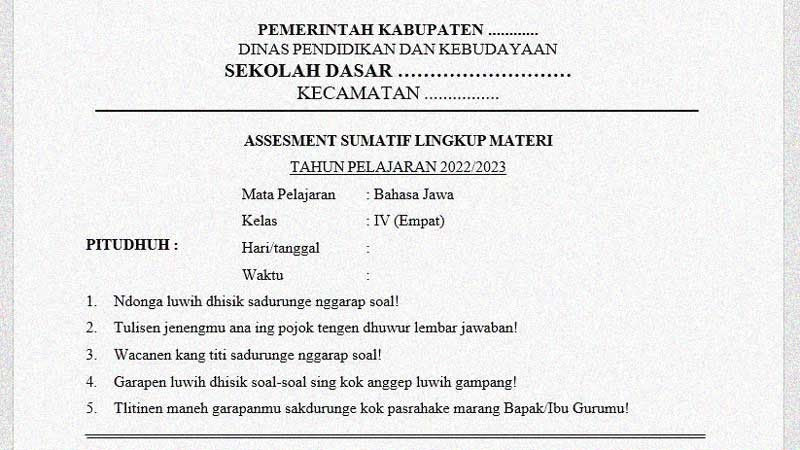 Soal Asesmen Sumatif Kelas 4 Mapel Bahasa Jawa - TUTORIALKITA.NET